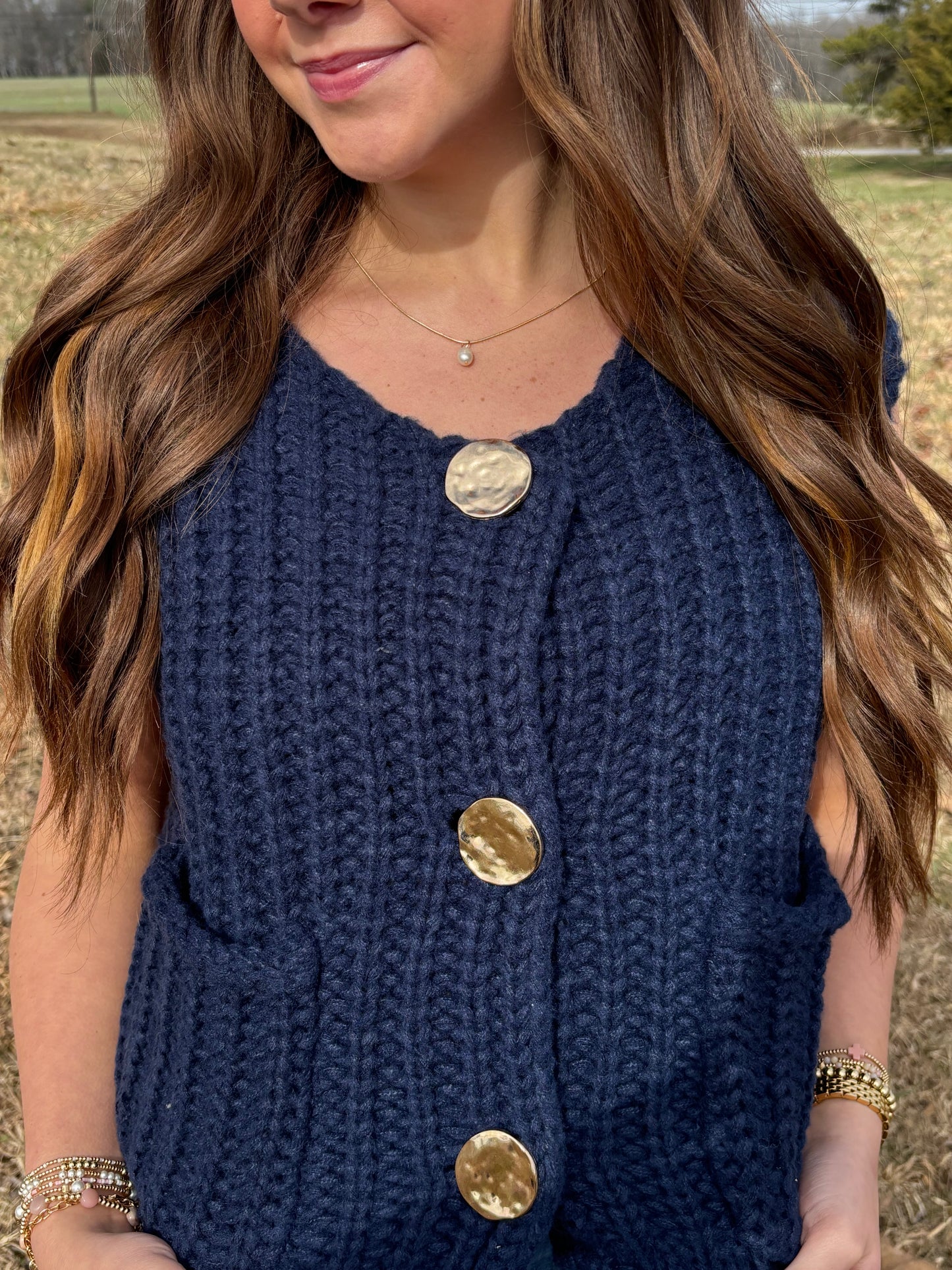 Navy Vest With Chunky Gold Buttons