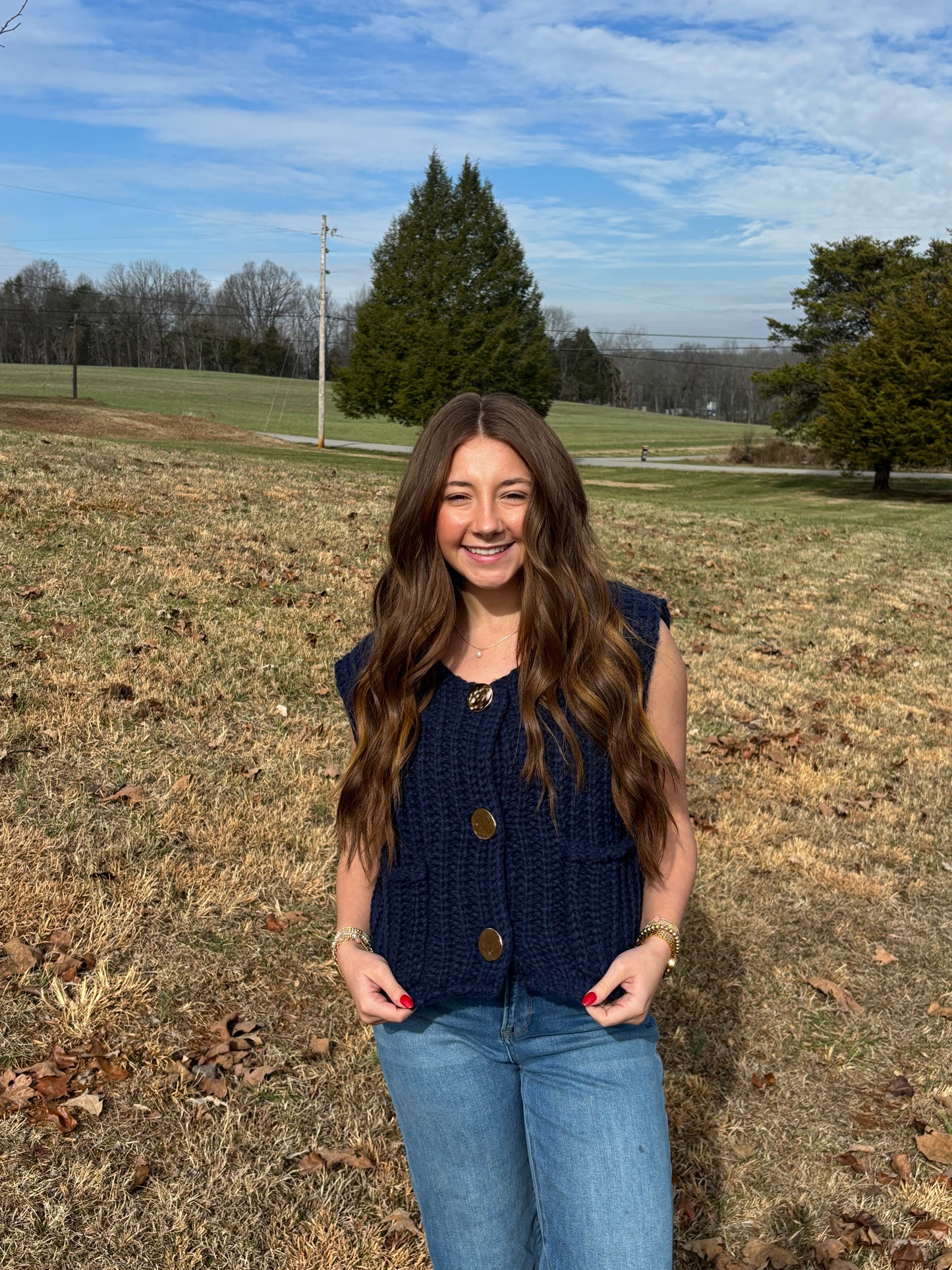 Navy Vest With Chunky Gold Buttons