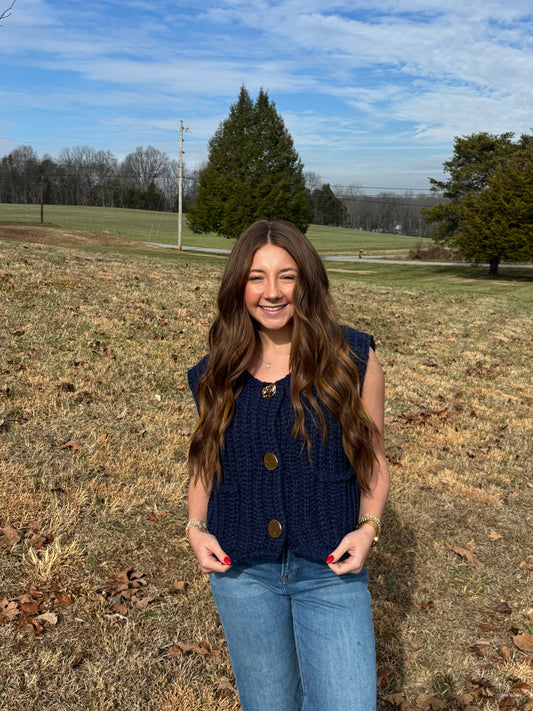 Navy Vest With Chunky Gold Buttons