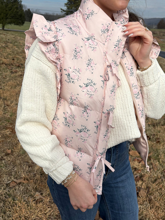 Pink Floral Puffer Vest